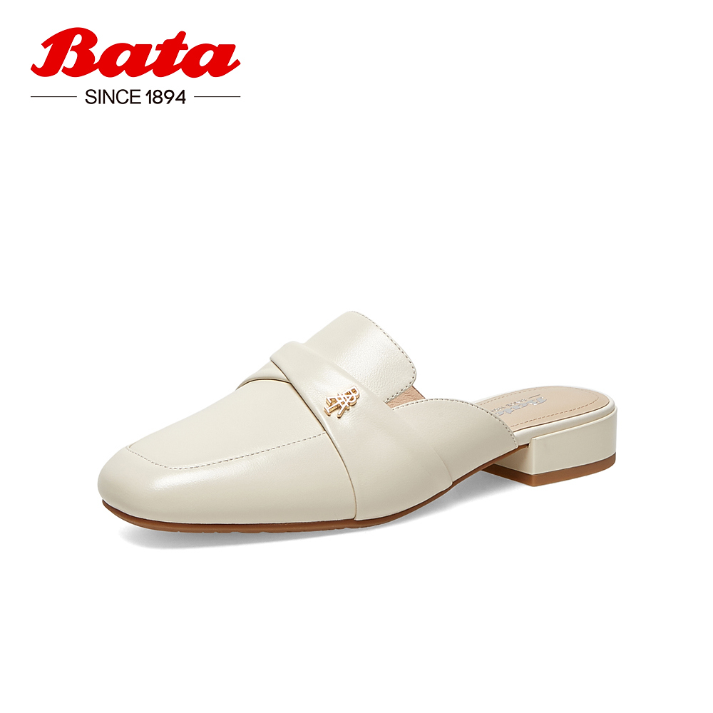 Bata半拖女鞋2023春季商场复古英伦风羊皮百搭包头凉拖鞋6323DAH3
