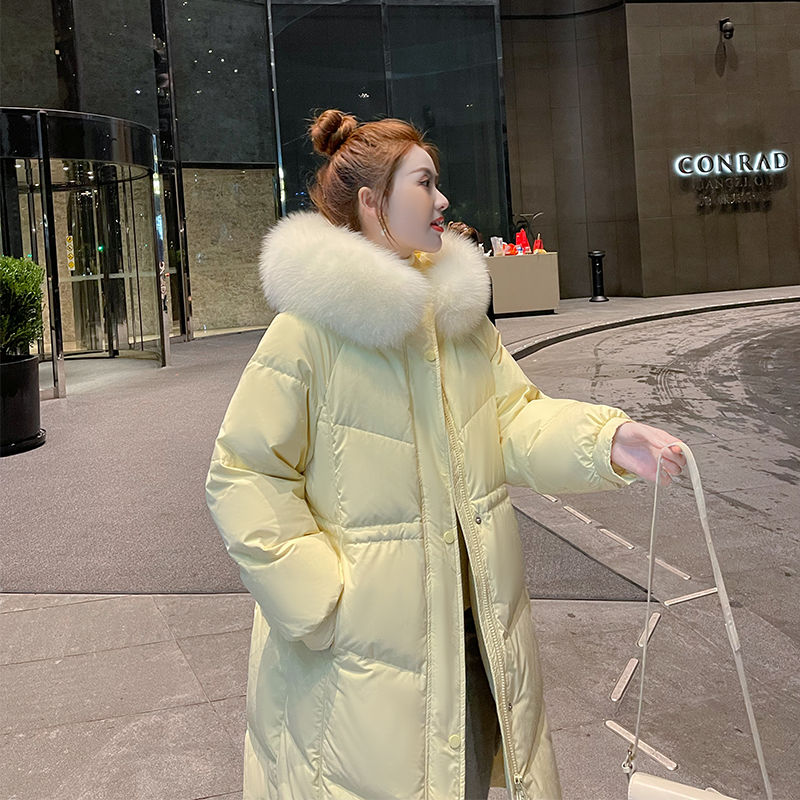 真狐狸毛领羽绒服女中长款2022新款冬时尚加厚宽松连帽白鸭