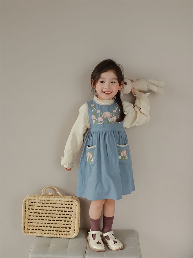 女童秋装花朵刺绣背心裙韩版长袖新款女宝宝洋气两件套中长款百搭