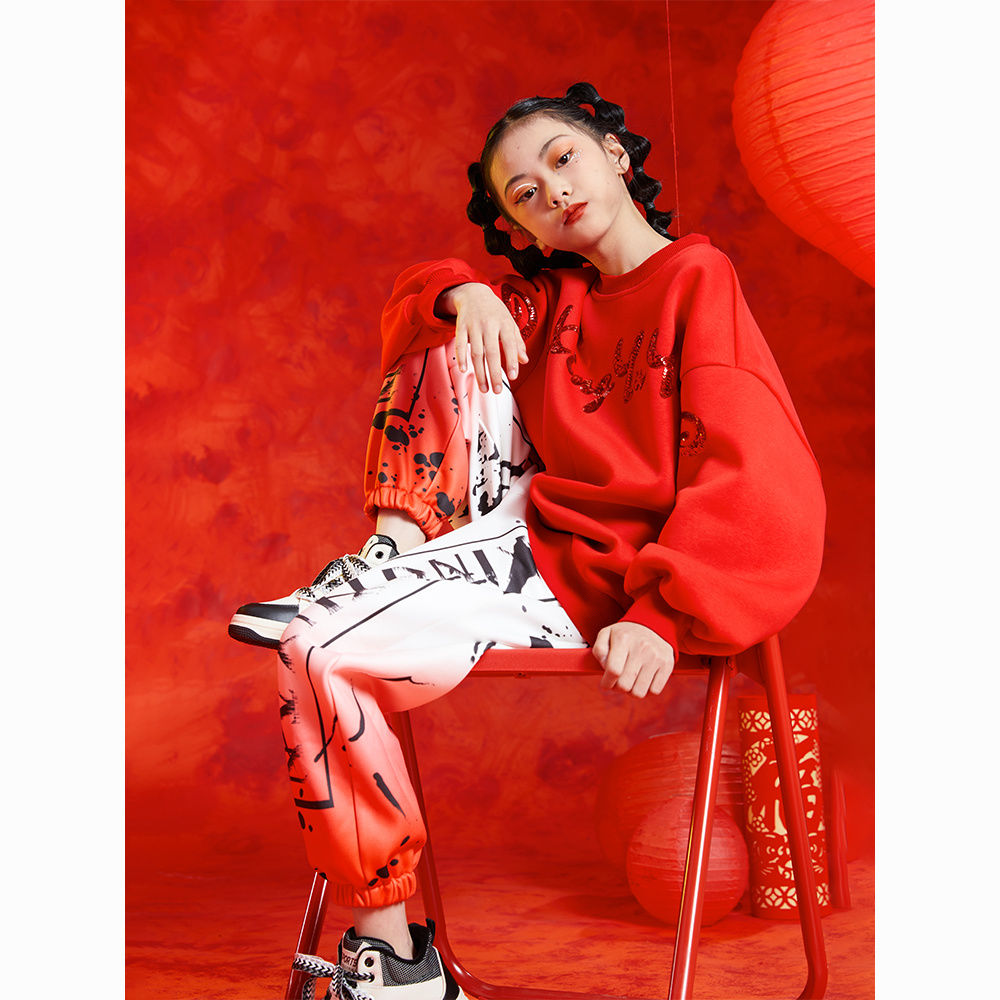 女童冬装套装新款儿童洋气加绒加厚装宝宝网红时髦卫衣两件套红色