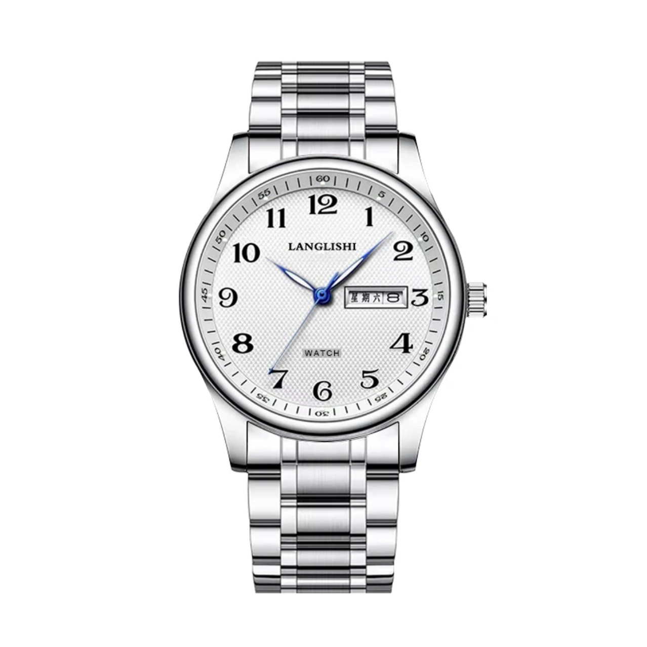 【专柜直发】男士经典白面蓝针钢带手表时尚防水简约潮流气质腕表