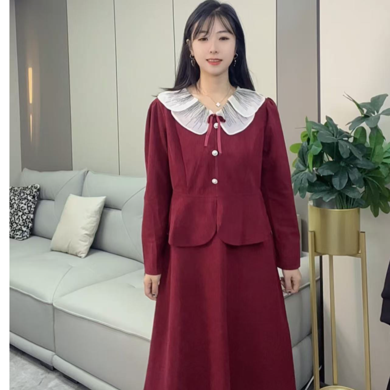 四月家~气质名媛高级感新款花瓣领灯假两件连衣裙95936