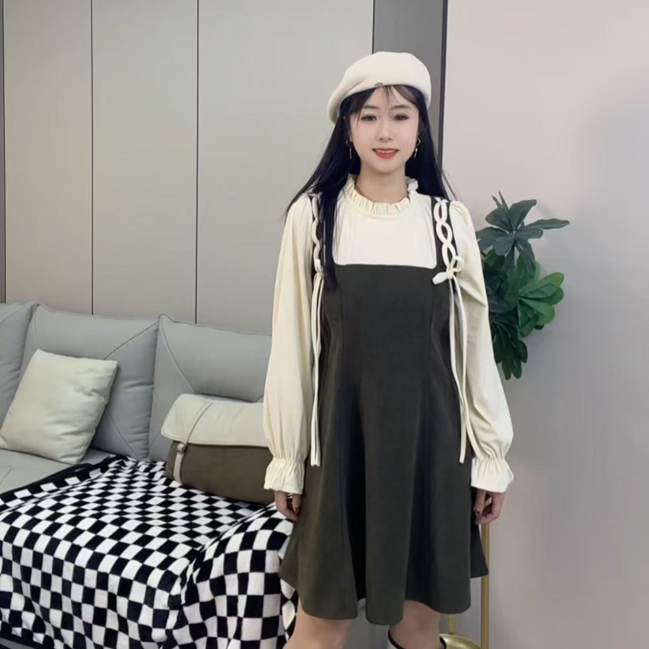 四月家~秋冬法式复古假两件木耳边领胖mm藏肉显瘦气质连衣裙793