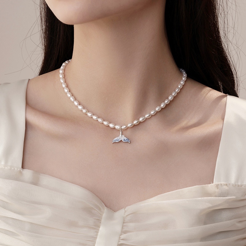 天然珍珠项链女气质夏季鱼尾吊坠小众设计感锁骨链百搭时尚颈链