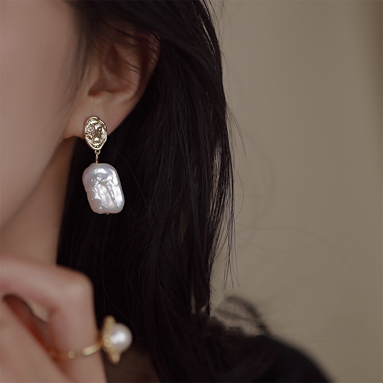 天然珍珠巴洛克方牌耳坠小众气质耳环法式时尚轻奢高级感耳坠耳饰