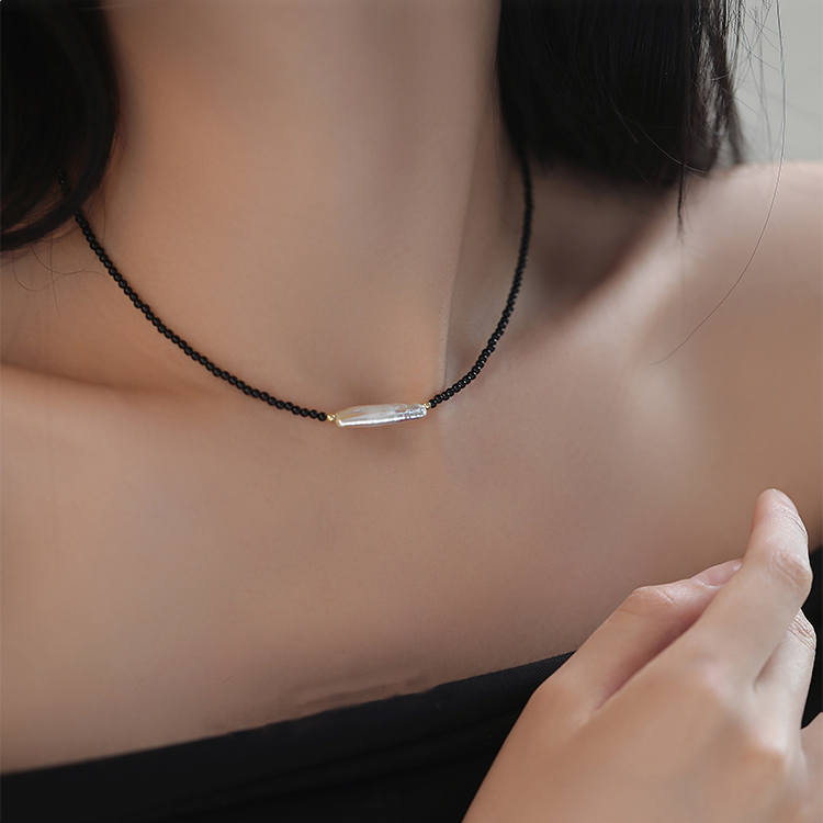 黑色玛瑙天然珍珠项链女气质ins风高级时尚颈链复古设计感毛衣链