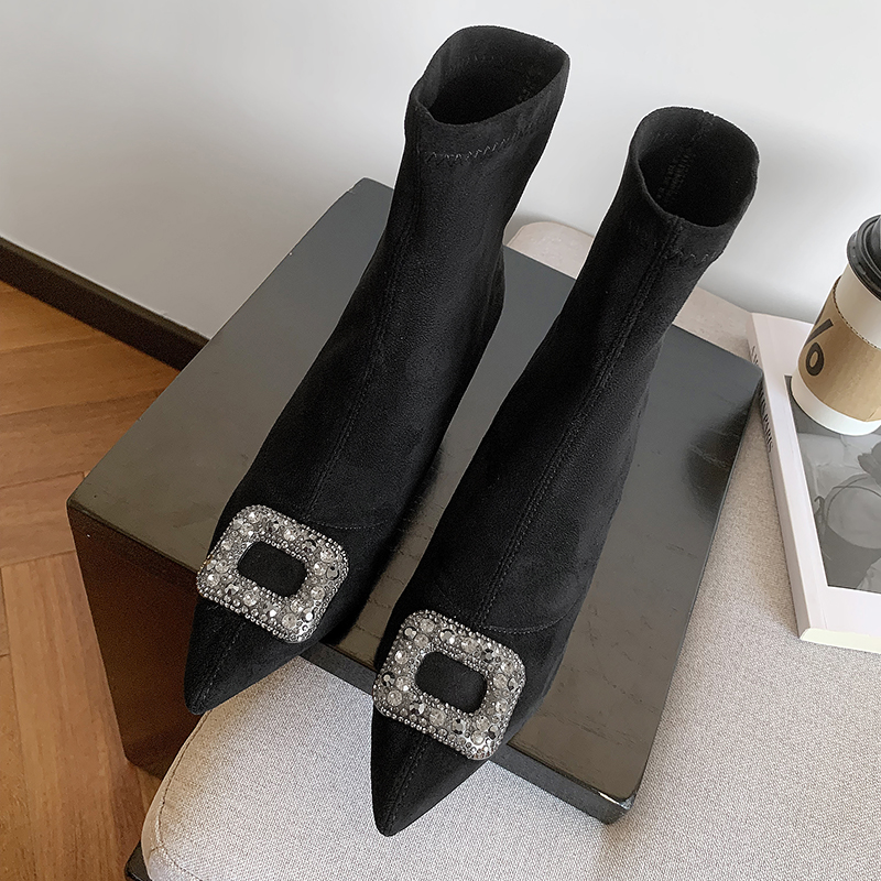 真皮法式尖头高跟瘦瘦靴女2024秋冬季新款加绒水钻细跟弹力袜子靴