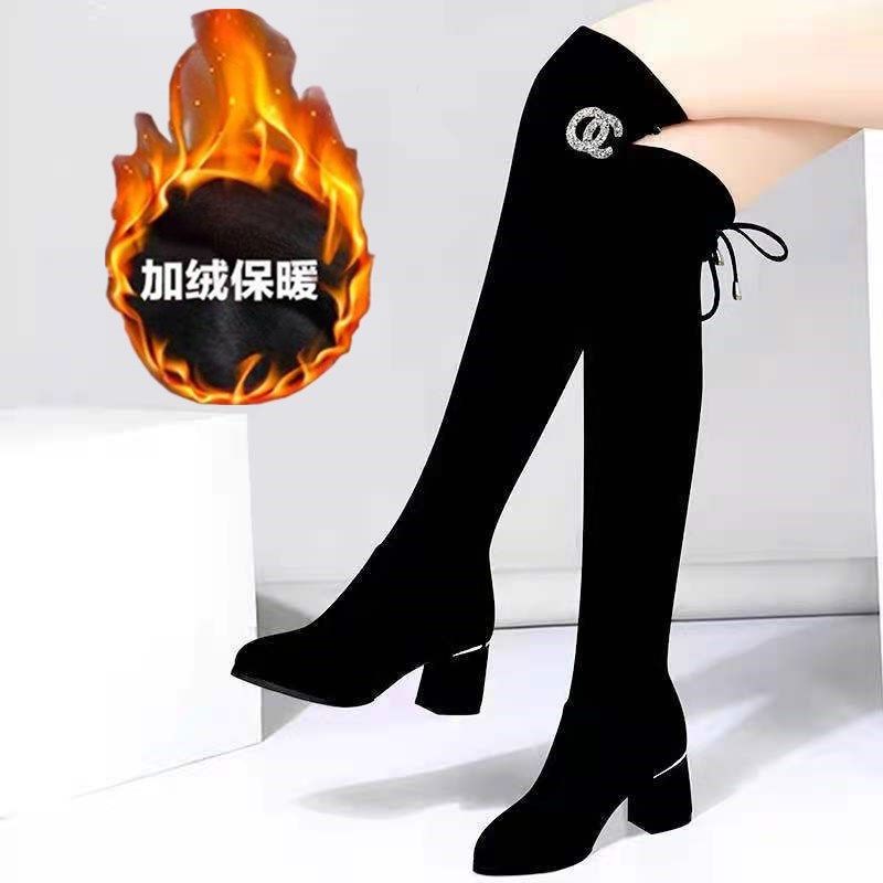 誉回力过膝长靴女粗跟显瘦腿弹力靴中跟长筒靴子网红瘦瘦靴2023