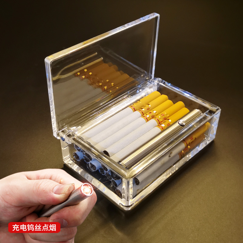 透明亚克力烟盒20支装带打火机大容量桌面办公粗烟保护壳送朋友