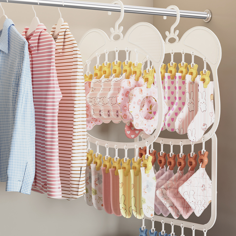 卡通大耳朵熊晾晒衣架多夹晾晒儿童衣架  家用收纳防风晒袜子神器