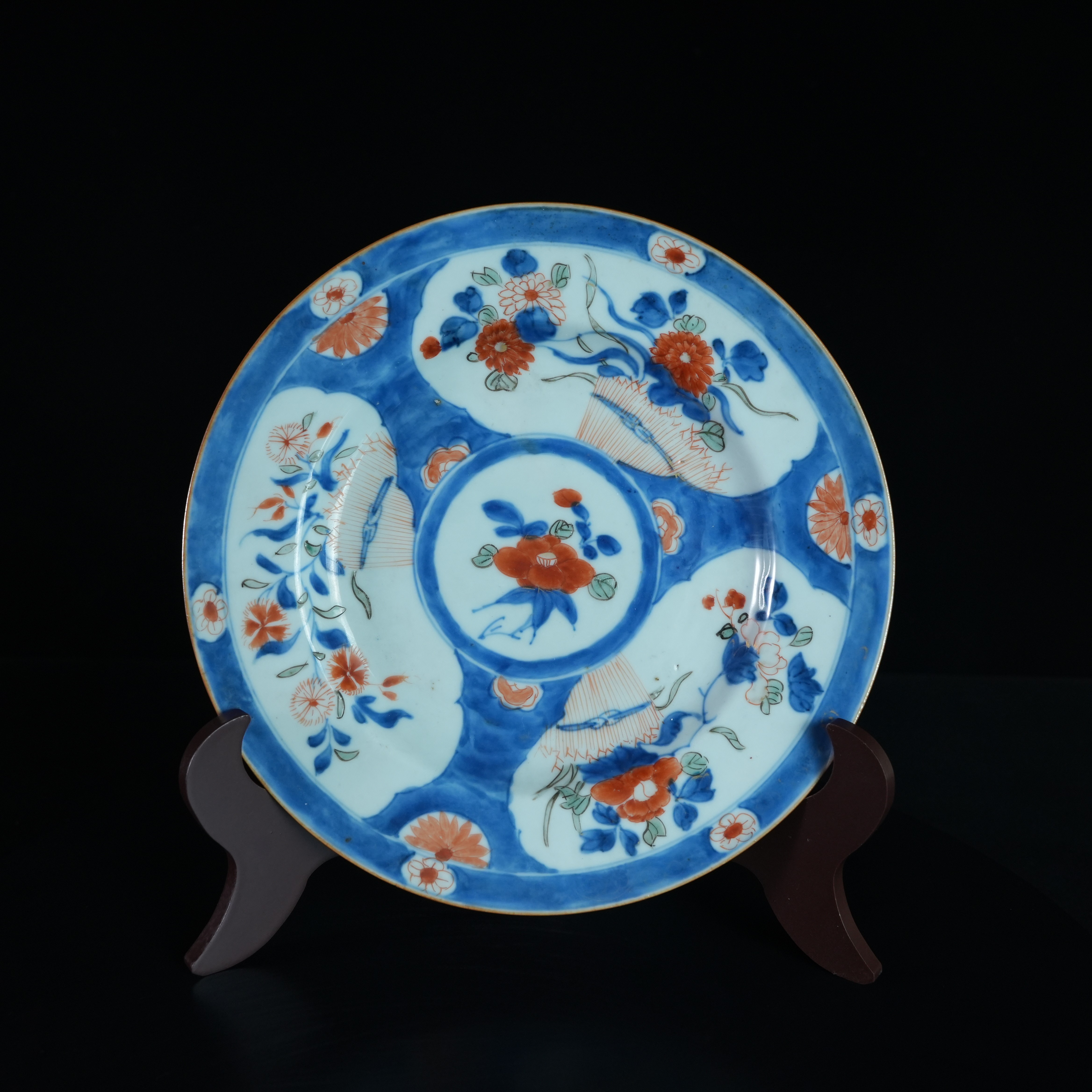 LABC241126036【十竹斋】清康熙青花加彩花卉纹盘