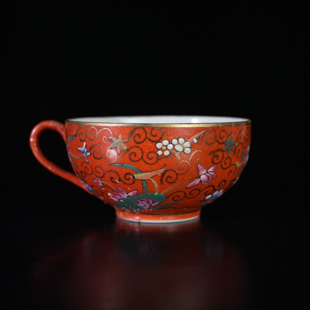 LABC240928049【十竹斋】民国珊瑚红描金飞黄腾达杯