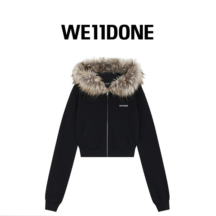 【早秋新品】WE11DONE女短款小标字母LOGO毛领拉链连帽夹克24-854