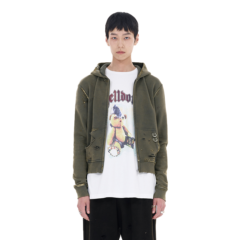 【25早春新品】WE11DONE男女做旧袋鼠口袋连帽拉链开衫卫衣25-821