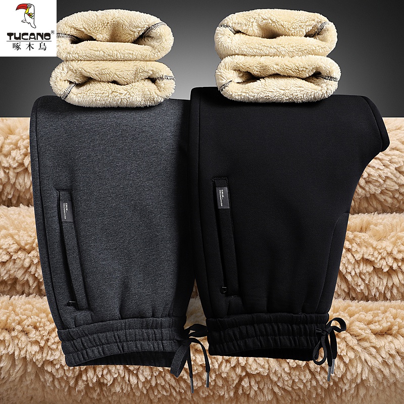 TUCANO/啄木鳥秋冬休闲加绒加厚保暖束脚长裤抗寒休闲羊羔绒卫裤