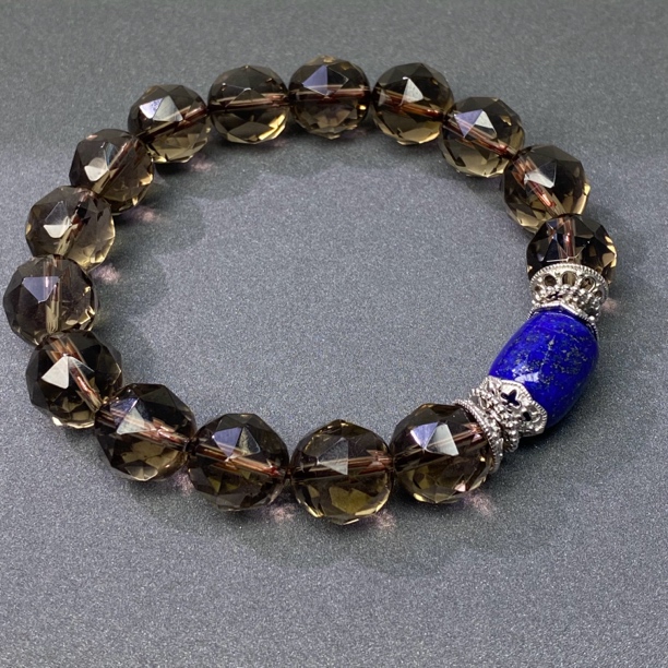 天然高品质刻面茶晶（烟晶）配青金石路路通手串（珠径12mm）男士右手