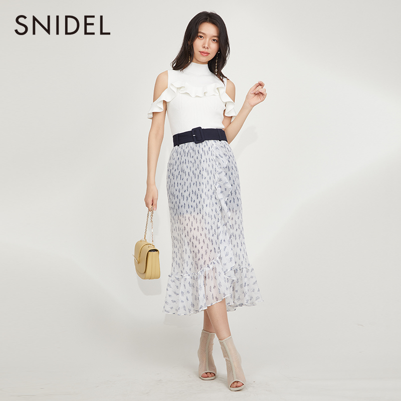 SNIDEL春夏款时尚甜美高腰透视荷叶边打褶半身裙裤SWFP231056