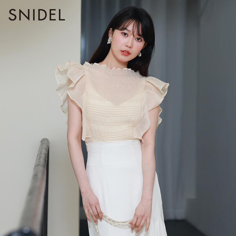 SNIDEL春夏日系褶皱荷叶边袖露背雪纺衬衫上衣SWFB232078