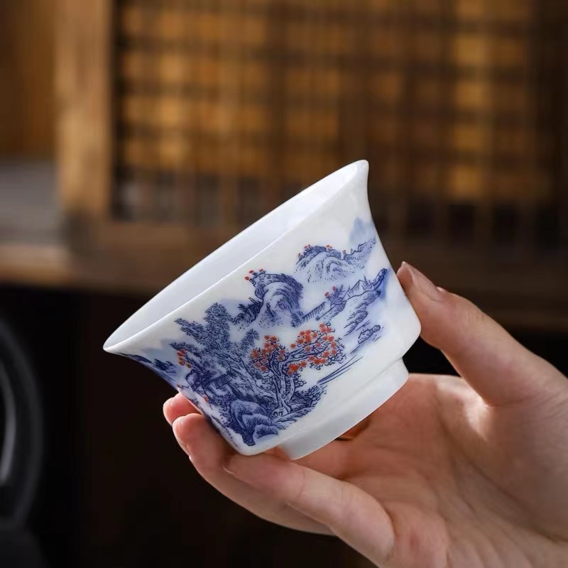青花瓷满彩三才盖碗家用泡茶杯白瓷单个敬茶杯泡茶器A11411