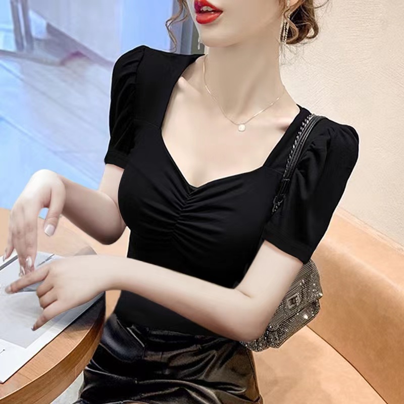 时尚方领泡泡袖气质性感上衣女别致辣妹短款T恤夏季黑色显瘦打底