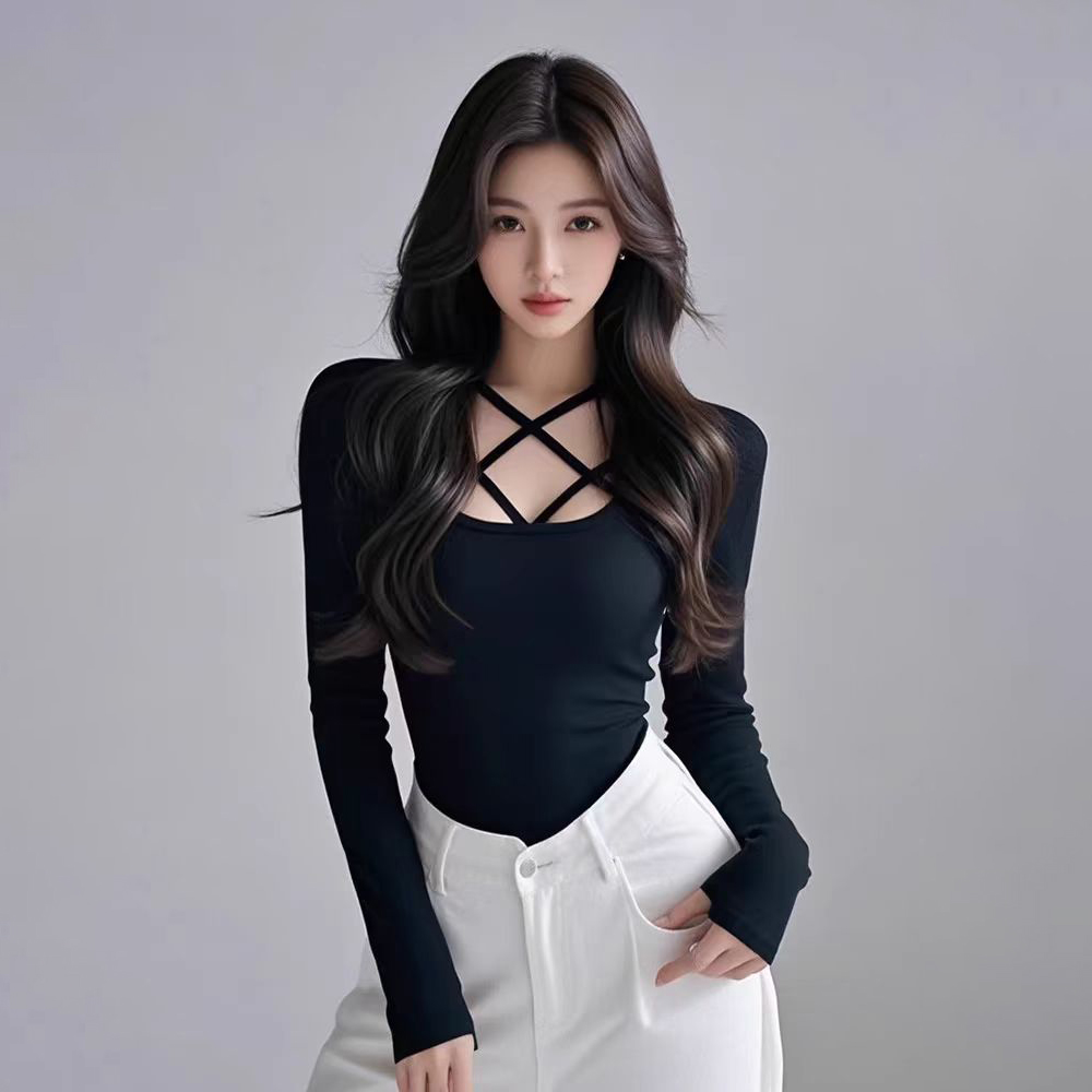 设计感独特别致性感甜辣妹打底衫女内搭修身显瘦黑色交叉长袖上衣