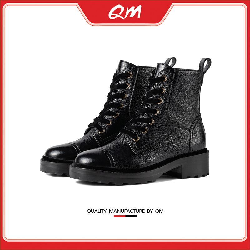 QM奢品系带圆头小香风牛皮短靴时尚秋冬粗跟复古百搭马丁靴22002