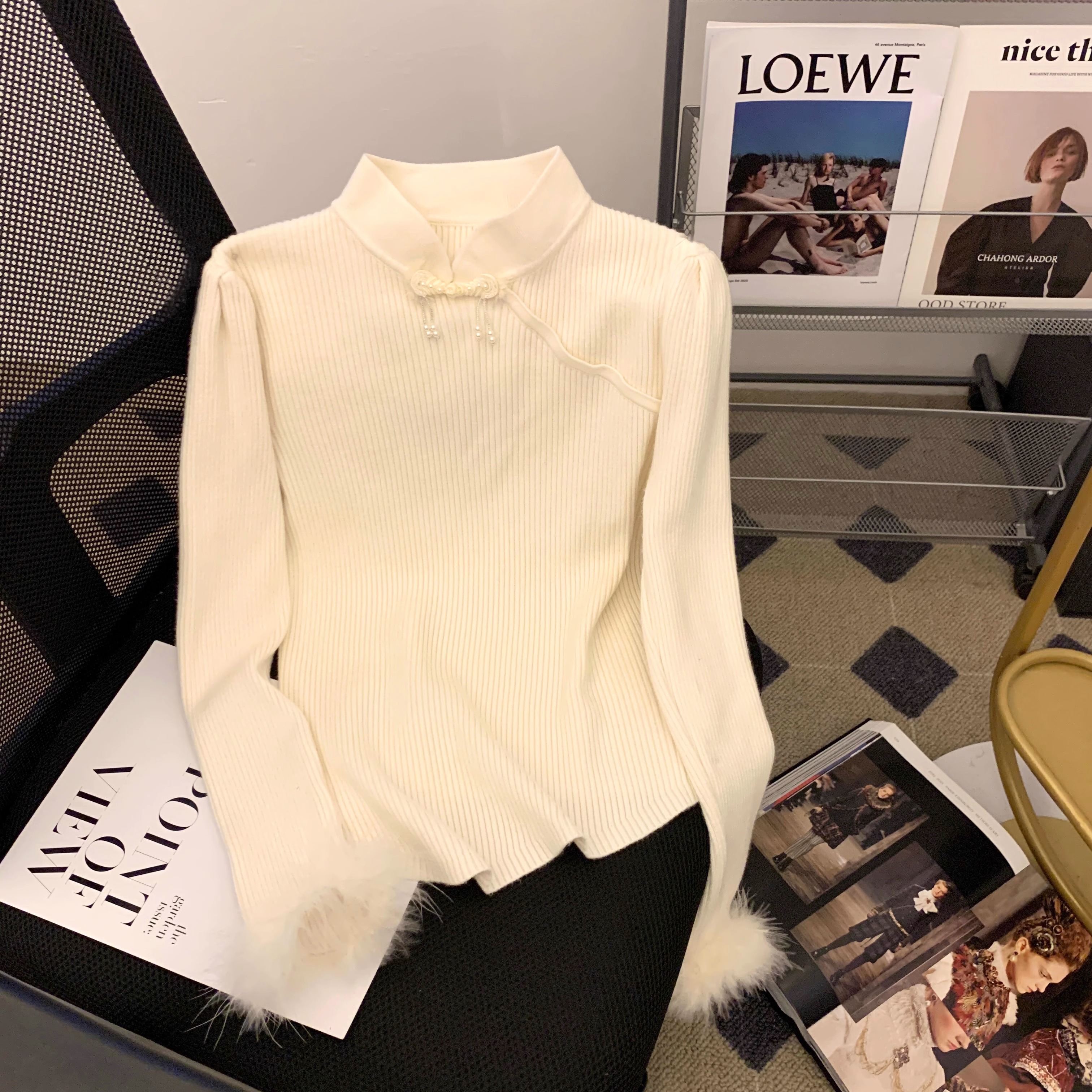 时尚打底衫针织衫女秋冬新中式轻国风盘扣毛衣立领拼接毛毛袖上衣