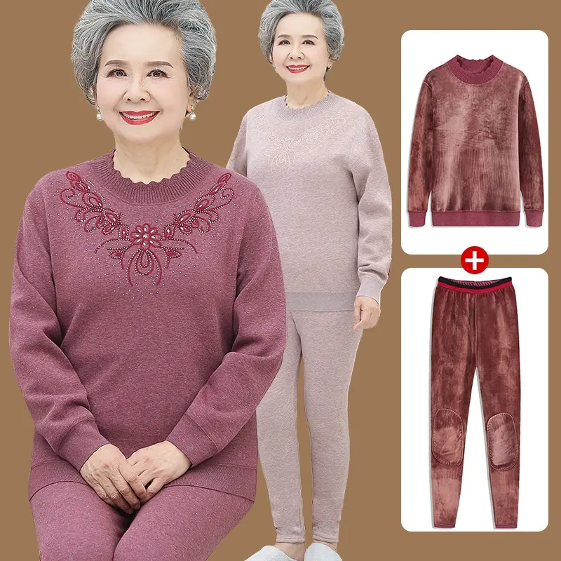 老年人冬装女保暖内衣套装奶奶秋冬加绒加厚毛衣老太太妈妈装护膝