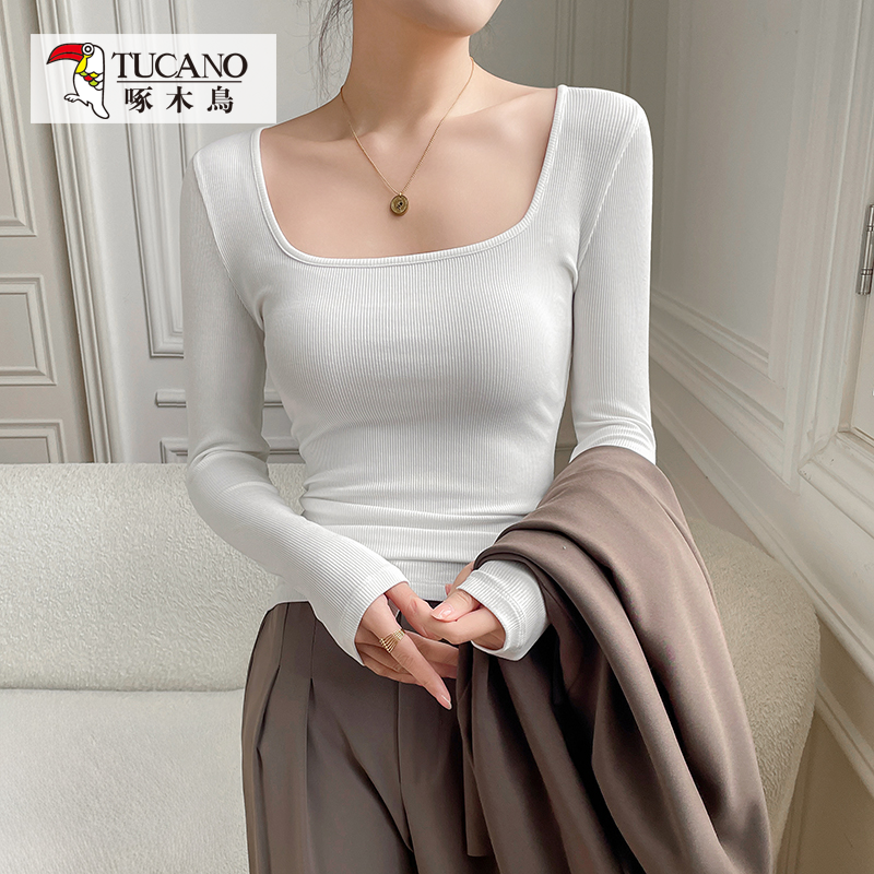 啄木鸟【TL2029】JS春秋长袖修身显瘦打底衫女法式内搭气质方领上衣