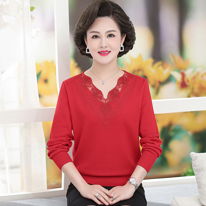 中老年女装秋冬款时尚蕾丝绣花圆领针织衫大码妈妈装宽松打底毛衣
