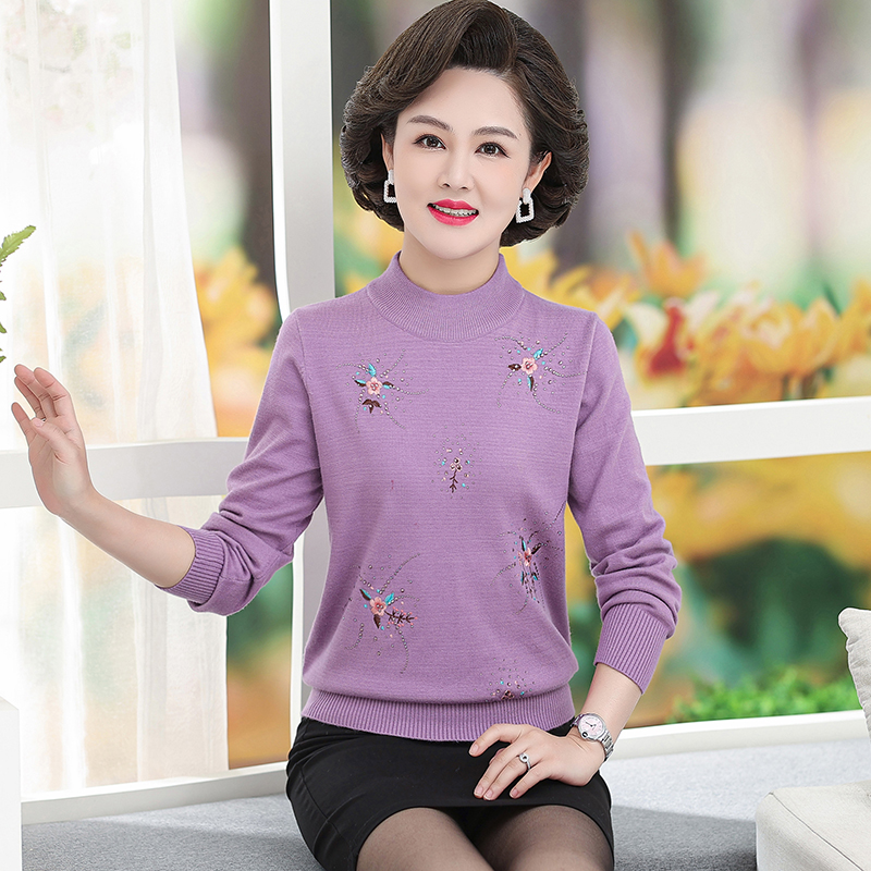 秋冬超大码妈妈装镶钻针织宽松中老年针织衫高贵奶奶半高领上衣女