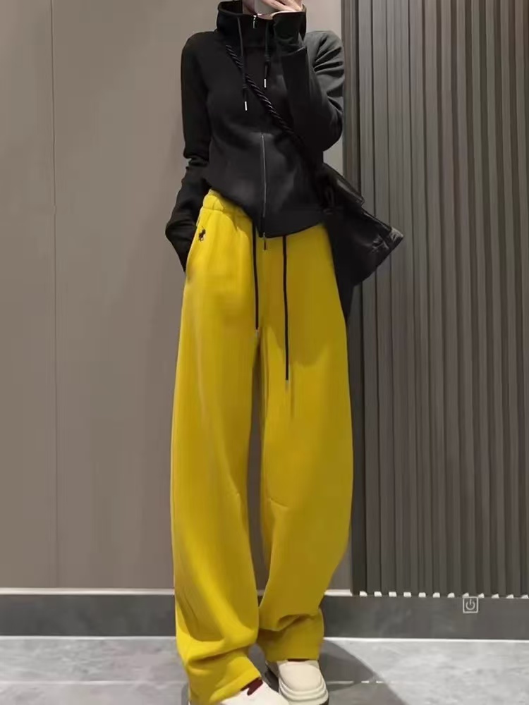 美式休闲香蕉运动裤女冬季加绒加厚弯刀裤高腰阔腿裤子（10271）
