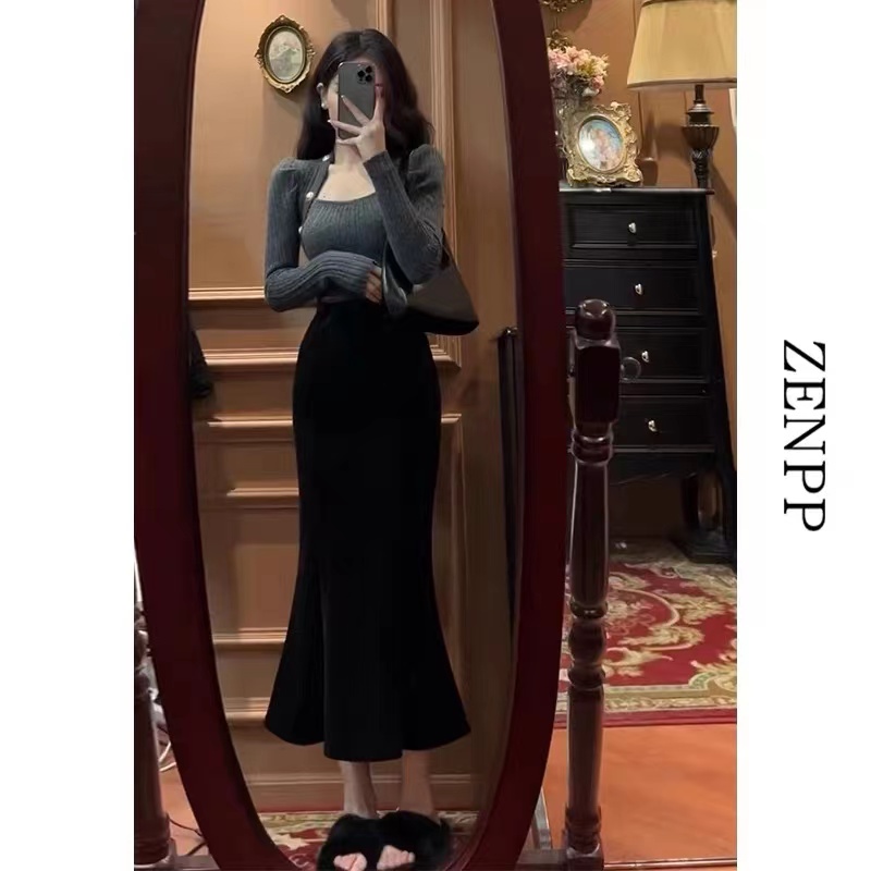 鱼尾法式黑色丝绒半身裙女秋冬高腰包臀长裙子气质新款长款修身