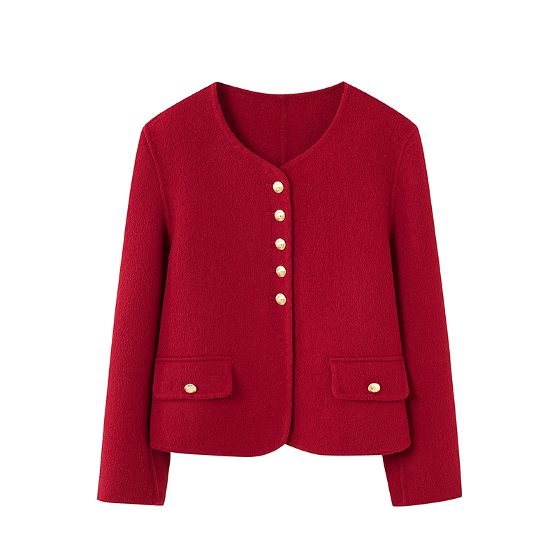 【NO退No换】秋冬新款时尚气质显瘦圆领红色双面羊毛呢外套C835