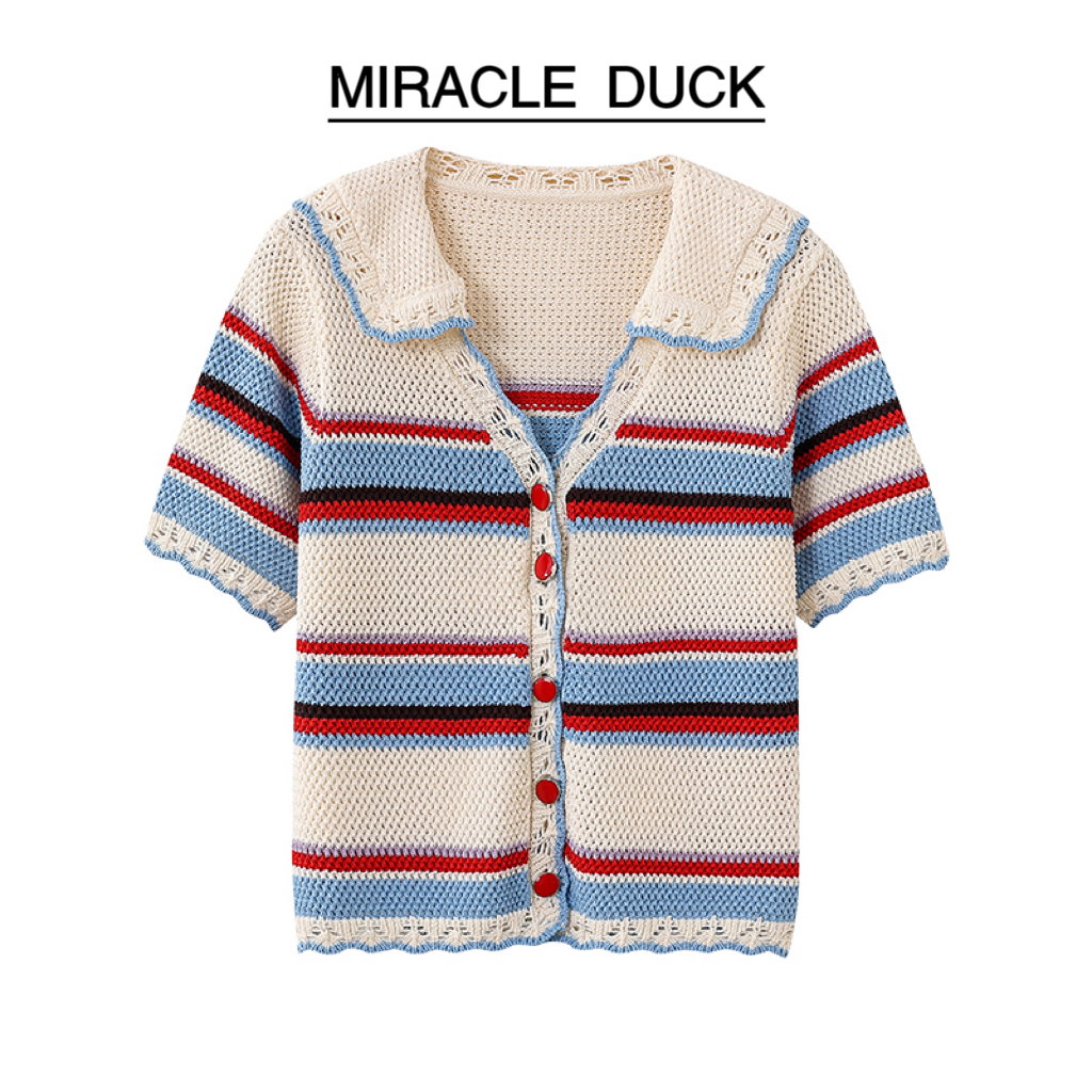 【海军领条纹】 夏季透气海军领条纹拼接钉珠短袖针织衫女C1127