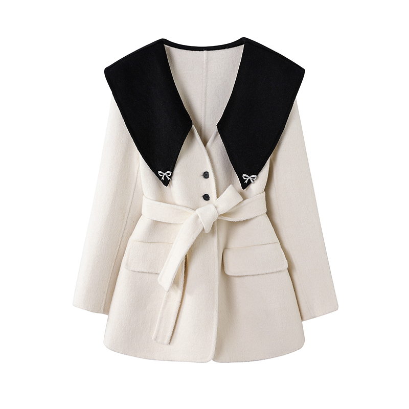 【NO退No换】秋冬新款时尚气质系带显瘦Y圆领双面羊毛呢大衣C803