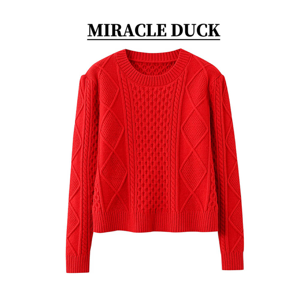 【微醺枣泥】 秋季时尚刺绣圆领菱形套头设计长袖针织衫C1467