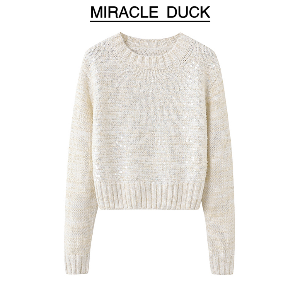 【琉璃爵士】新款秋冬百搭气质钉珠亮片圆领头套针织上衣C846