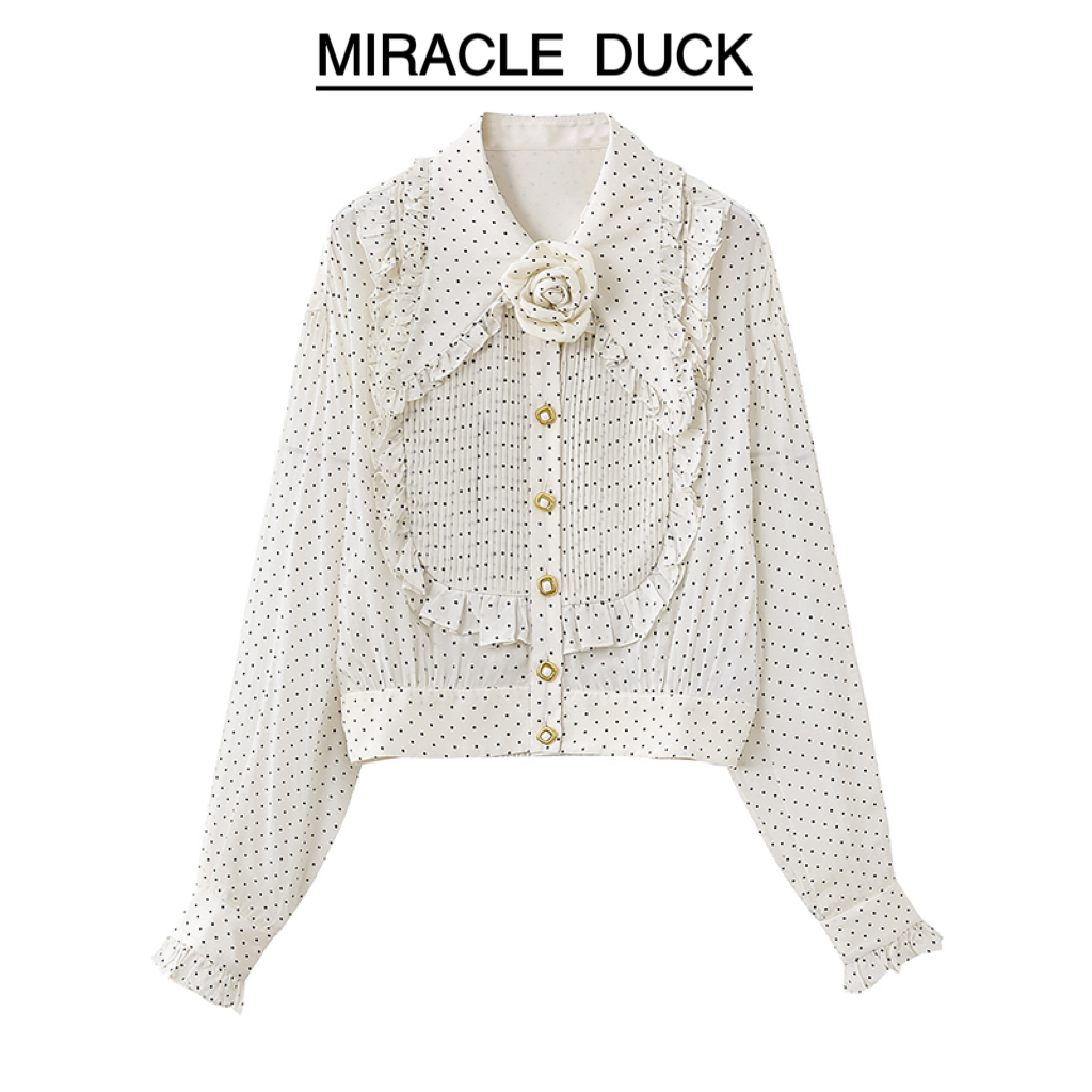 【No退No换】秋冬时尚设计感捏褶波点拼接花边收腰长袖衬衫女士C935