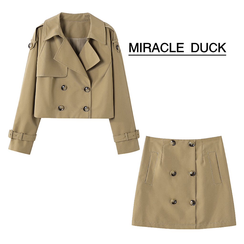 【留洋大小姐】秋冬时尚百搭翻驳领扣式长袖上衣A字裙套装C718