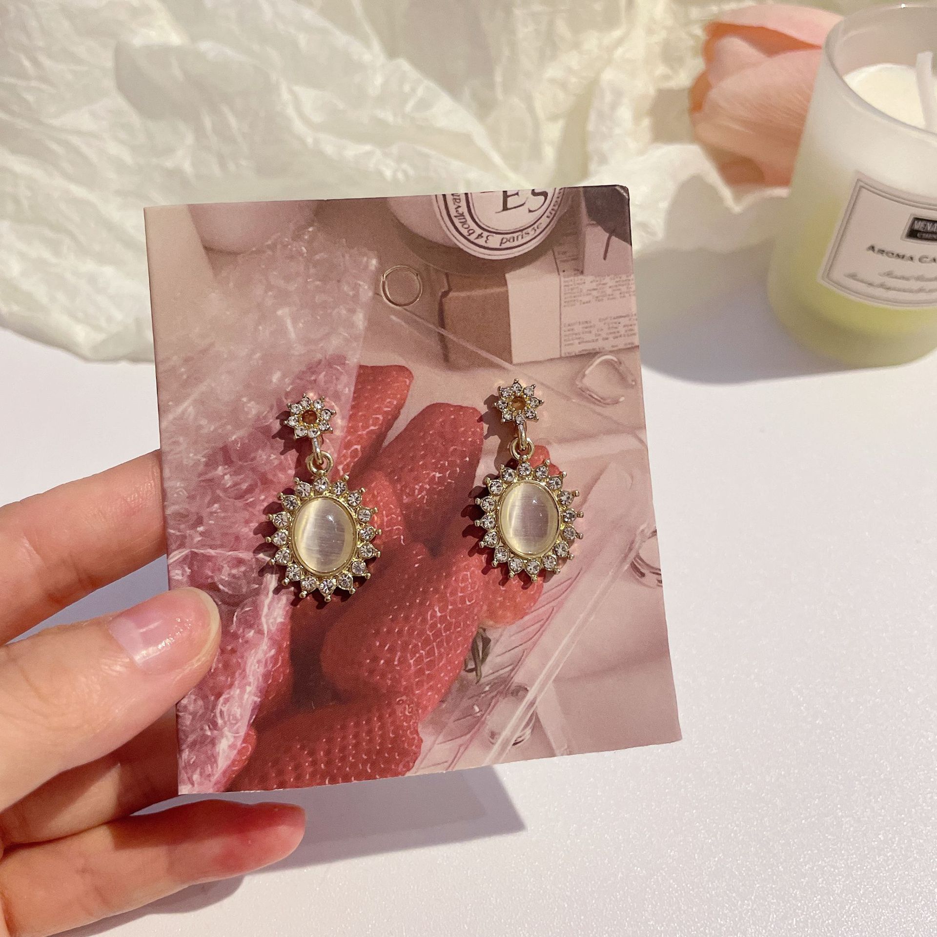 合金耳饰 F655法式白色猫眼