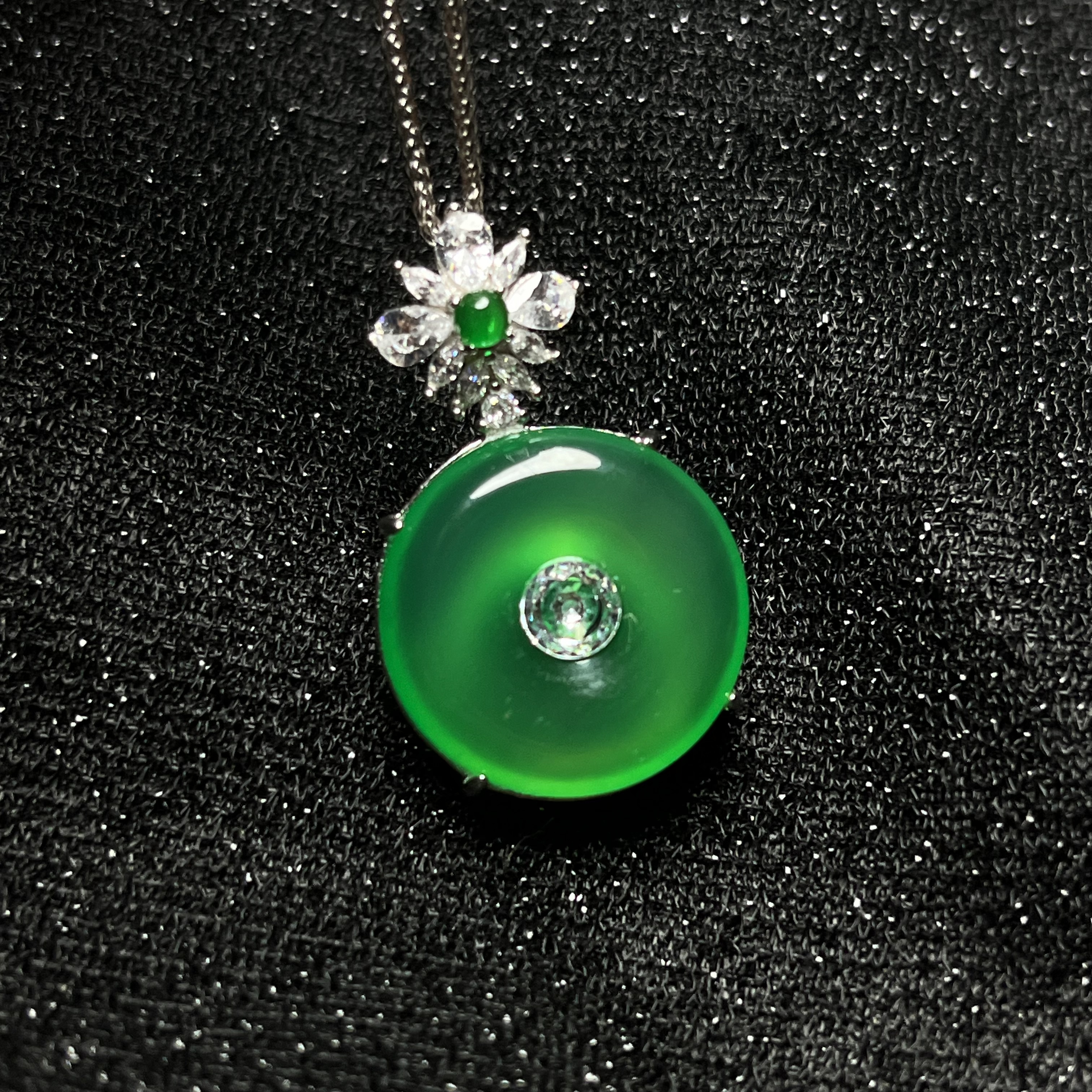 正品天然925银镶嵌绿玉髓无事牌圆项链绿玛瑙平安无事牌带银链子