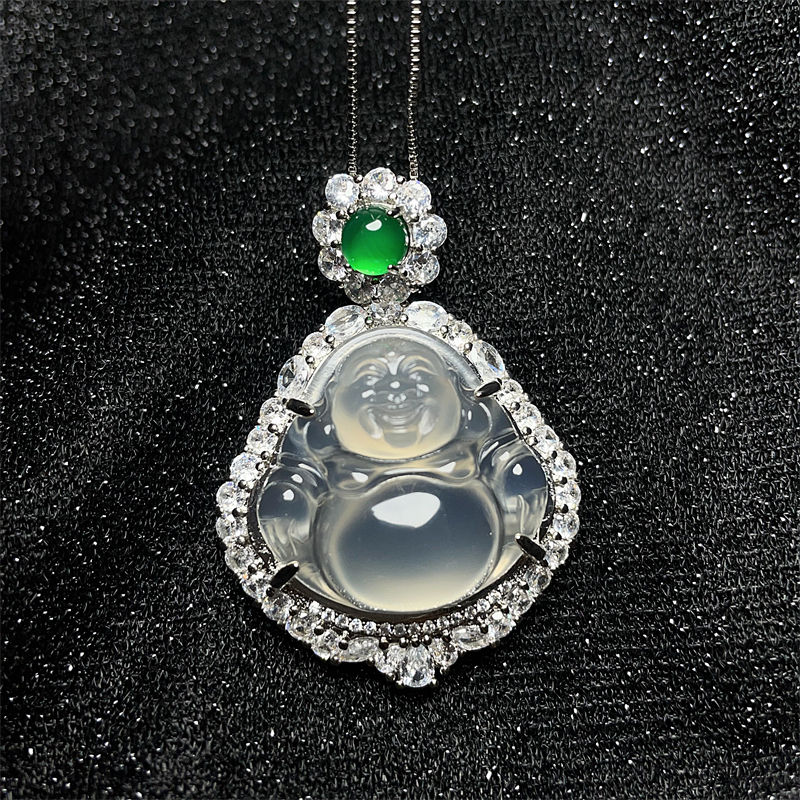 正品天然白玉髓佛公吊坠大度佛项链绿玛瑙顶珠春夏气质锁骨链首饰