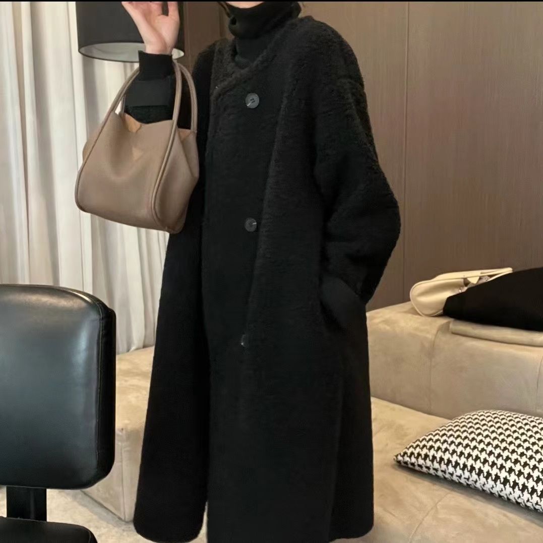 冬季羊羔毛长款大衣美拉德女宽松圆领加厚皮毛一体外套毛毛风衣
