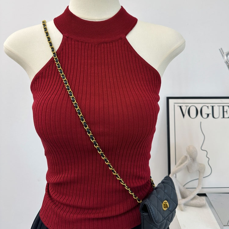 MCREAM SHO复古港风半高领露肩纸片人修身针织背心女无袖上衣内搭