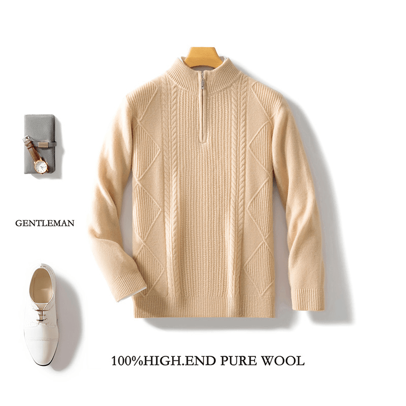 100%羊绒男宽松秋冬季半高领休闲商务半拉链加厚套头