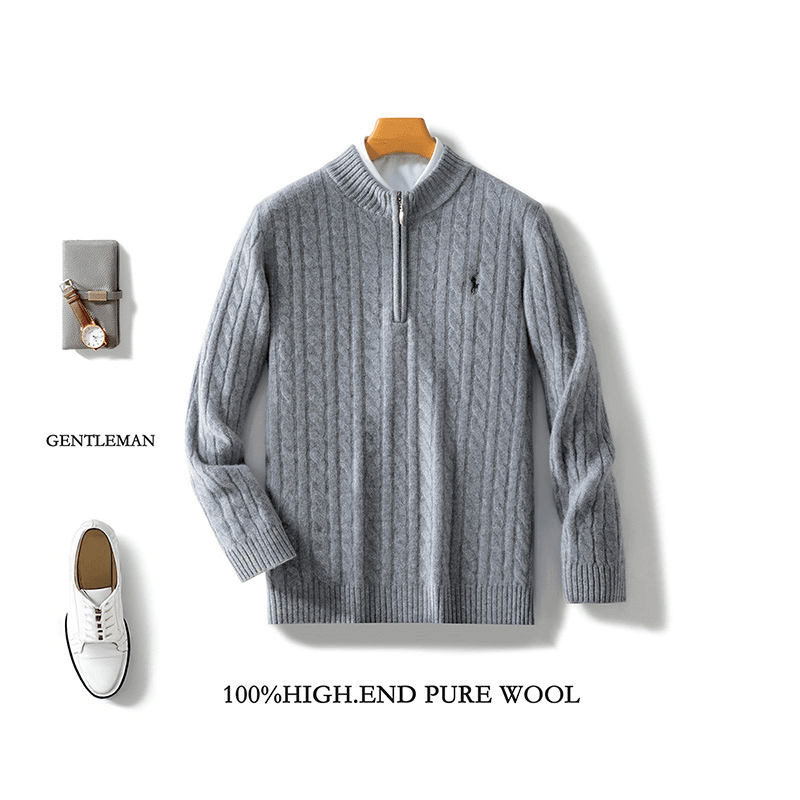 100%羊绒男士半高拉链麻花时尚长袖套头毛衣针织衫潮