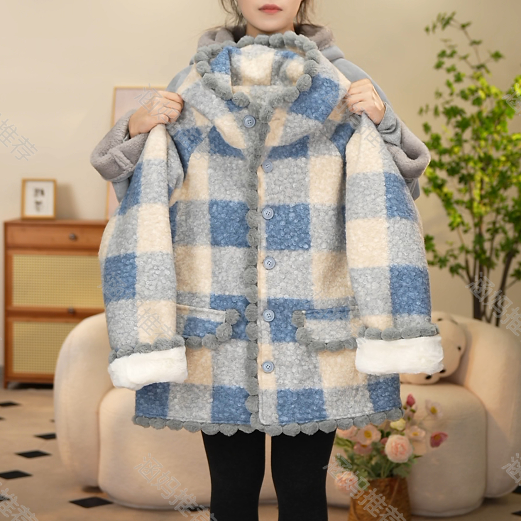 【涵妈推荐】女童加绒外套秋冬款中大童冬装格子中长款毛呢大衣