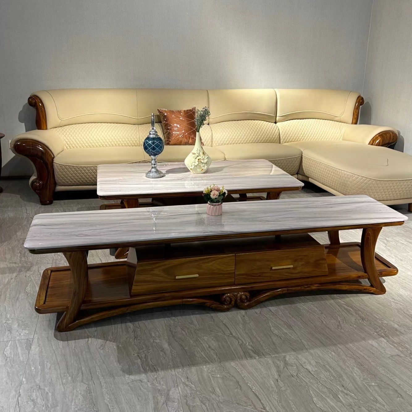 新中式乌金木大理石方形茶几电视机柜组合款现代简约客厅电视柜