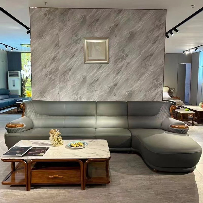 乌金木真皮沙发头层牛皮新中式轻奢三人位高端别墅客厅转角皮沙发